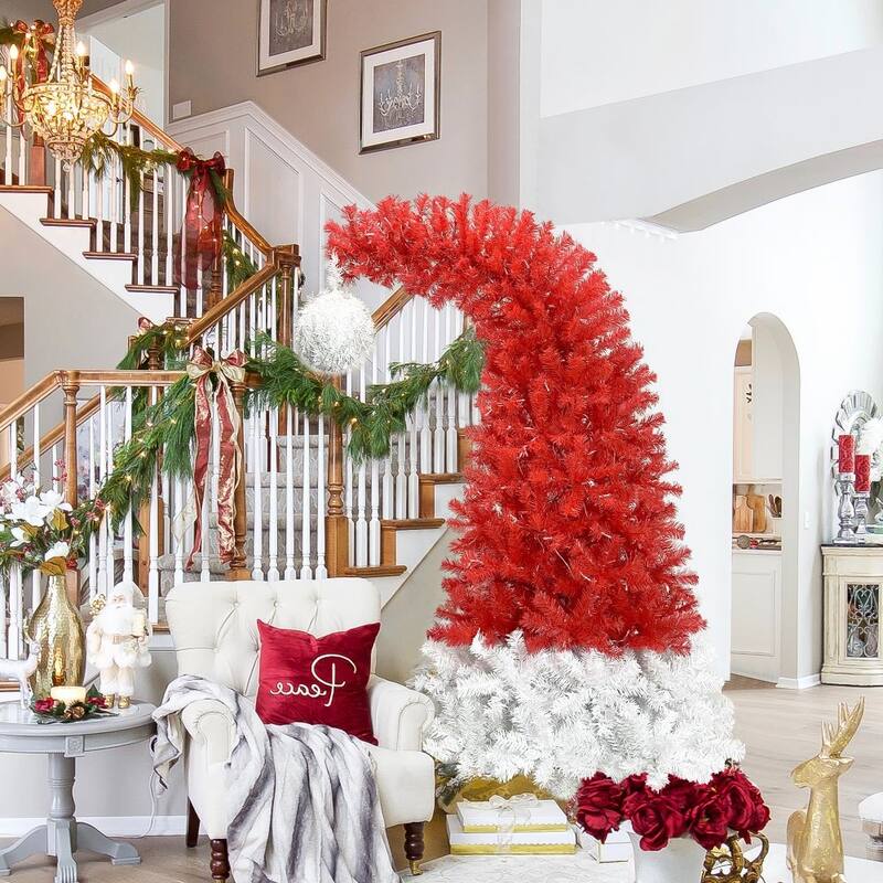 6FT Hinged Fraser FArtificial Fir Bent Top Christmas Tree, Holiday Decoration w/1,250 Lush Branch Tips, 300 LED Lights - Red - Red