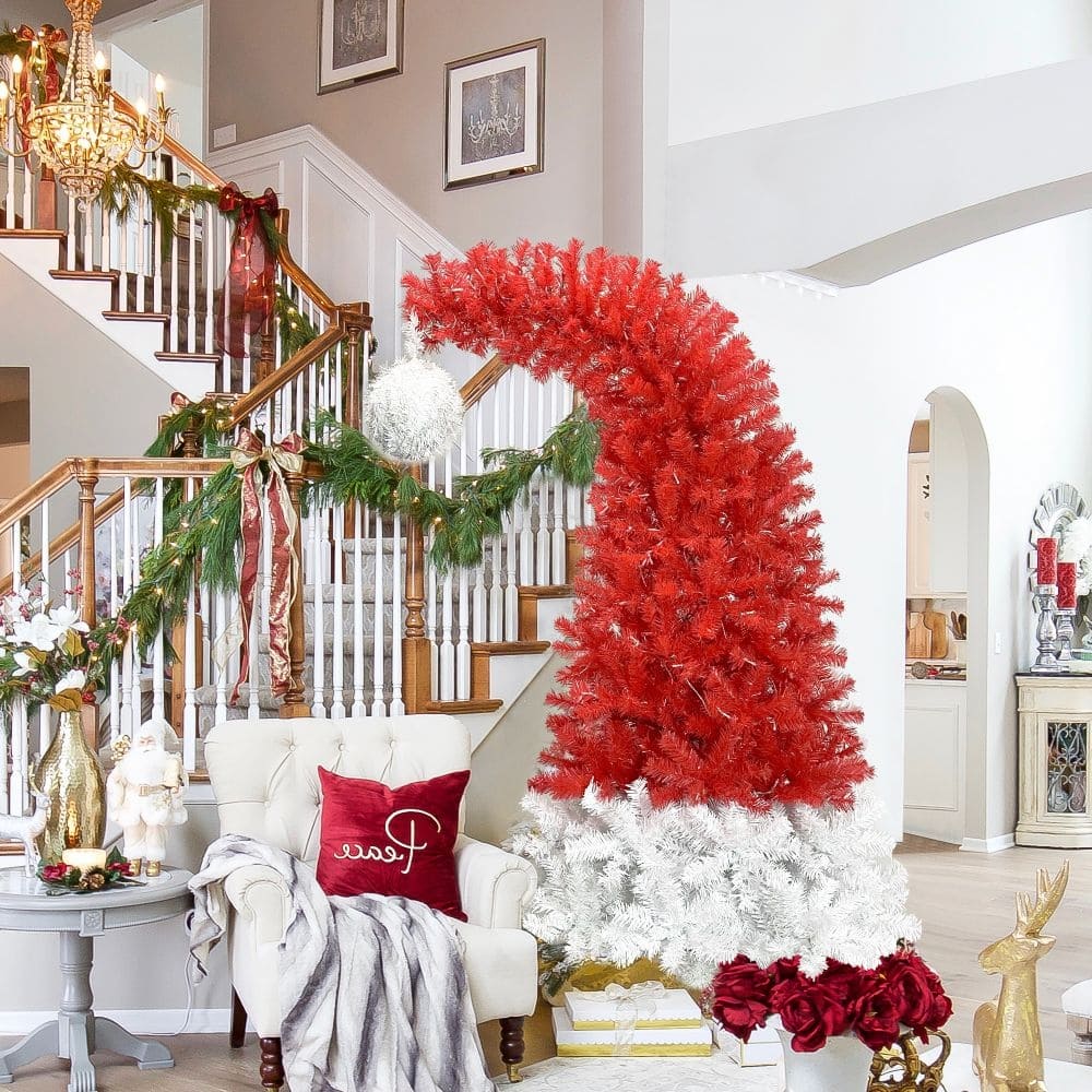 6FT Hinged Fraser FArtificial Fir Bent Top Christmas Tree, Holiday Decoration w/1,250 Lush Branch Tips, 300 LED Lights - Red