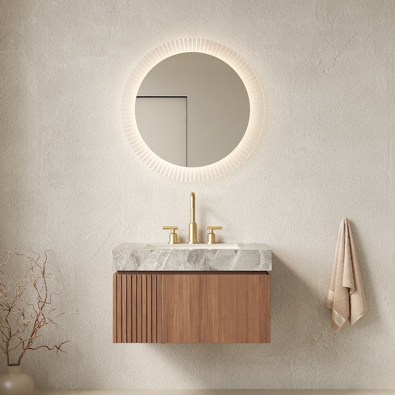 30" Bathroom Vanity&Sink, Floating Plywood Storage Cabinet with Drawer&Door, Ceramic Basin with 3 Pre-drilled Faucet Holes - Brown Oak,Light Gray