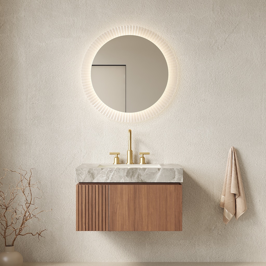 30" Bathroom Vanity&Sink, Floating Plywood Storage Cabinet with Drawer&Door, Ceramic Basin with 3 Pre-drilled Faucet Holes