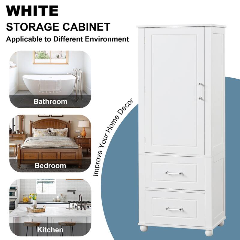 Tall Bathroom Storage Cabinet, Freestanding Storage Cabinet with Two Drawers and Adjustable Shelf