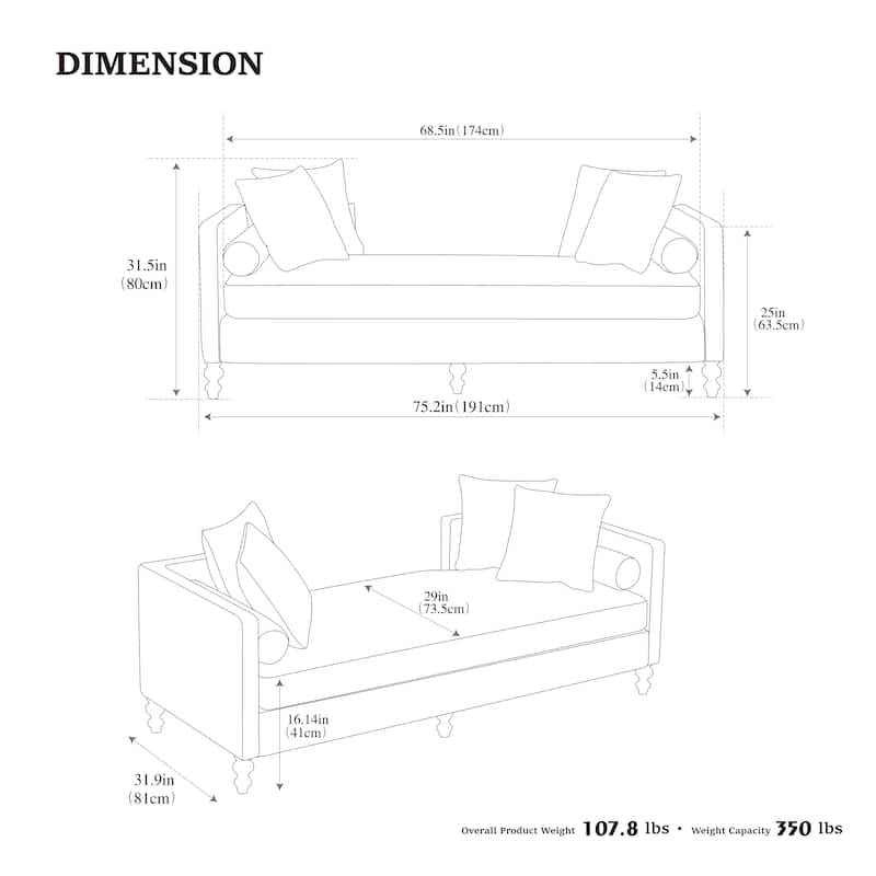 75.2"W Upholstered Chaise Lounge with Nailheads,Sleeper Sofa Couch With 4 Throw Pillows&2 Bolsters,Daybed with Rubberwood Legs