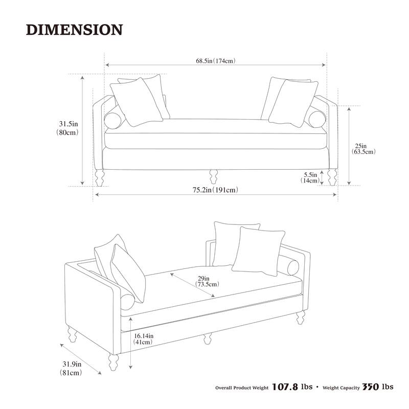 Roomfitters 75.2" Upholstered Chaise Lounge with Nailheads, Chenille Daybed Sleeper Sofa with 6 Pillows