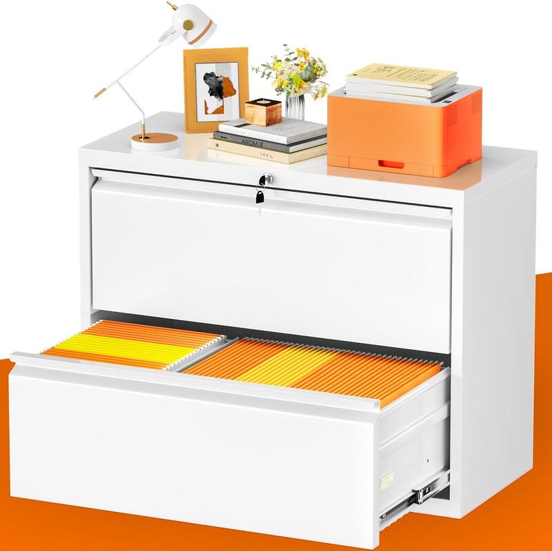2 Drawer Metal Lateral Filing Cabinet with Lock - White