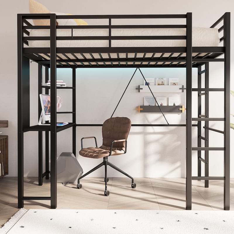 Futzca High Loft Bed Frame with Desk, Twin Size Bunk Bed - Black