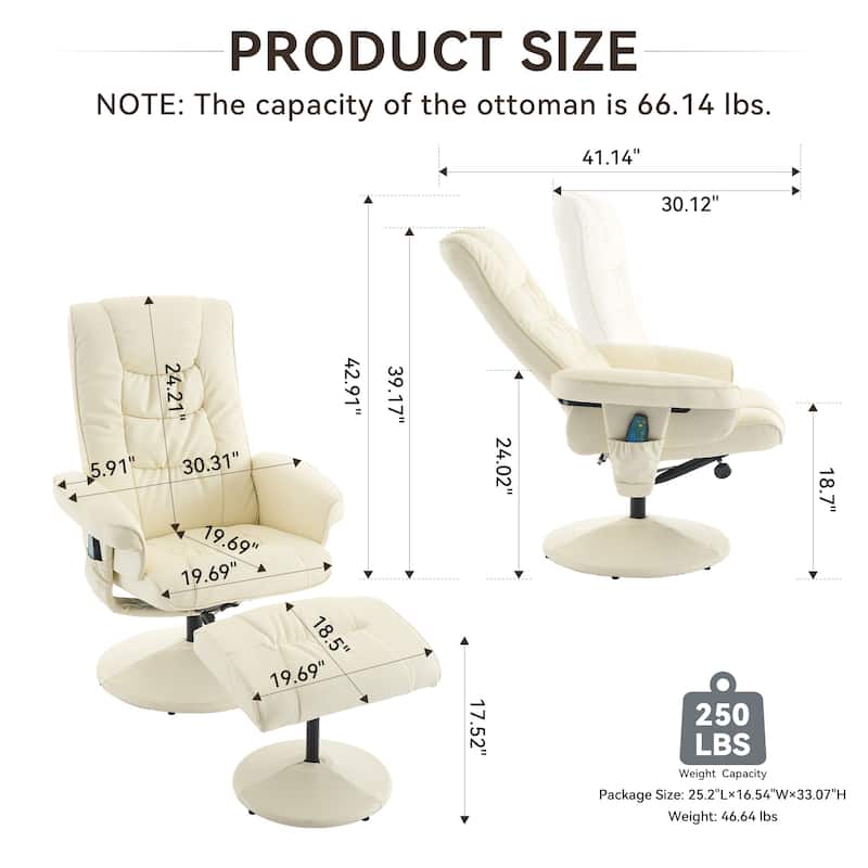 PU Lounge Chaise Chair with Adjustable Backrest, Recliner Chair with Ottoman, Swivel Chair with Vibration Massage