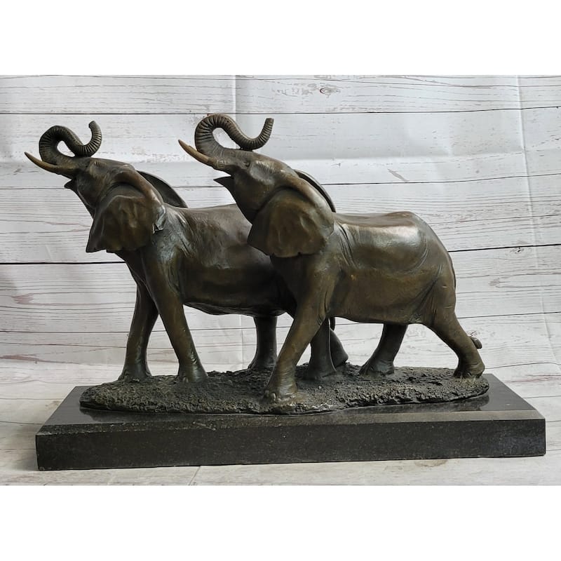 Two Trumpeting Imitative Elephants Bronze Metal Statue Sculpture Figure Decor On Marble Base