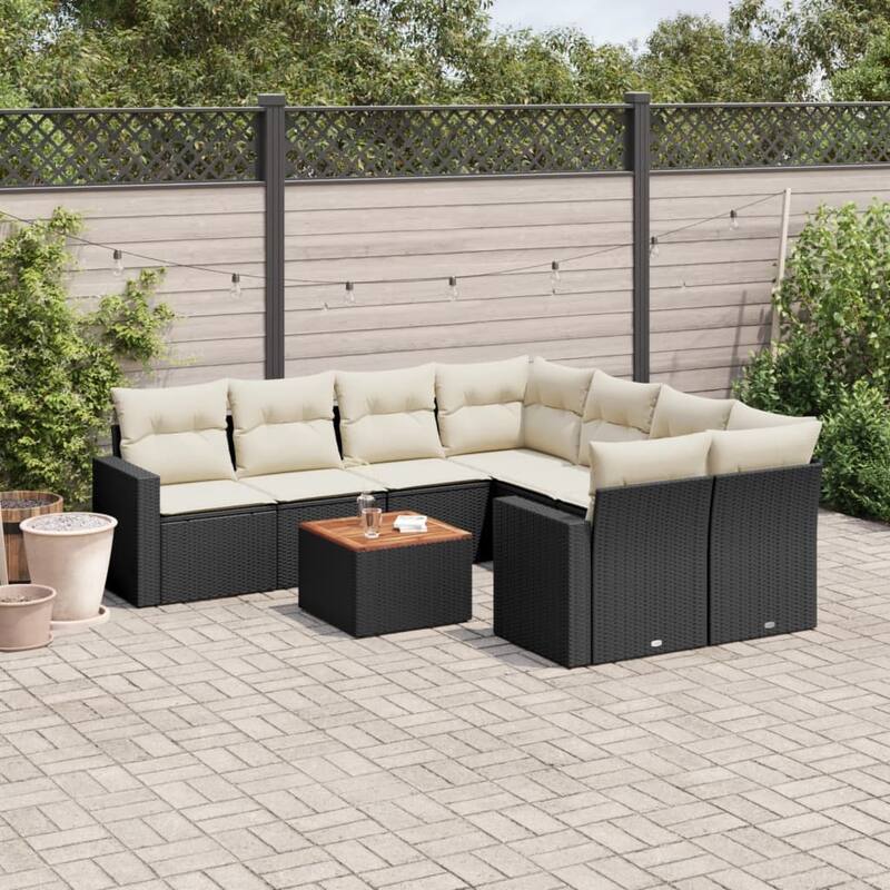 vidaXL Patio Sofa Set with Cushions Outdoor Furniture 9 Piece Poly Rattan - 25.8 x 24.4 x 27.2 - Black and Cream