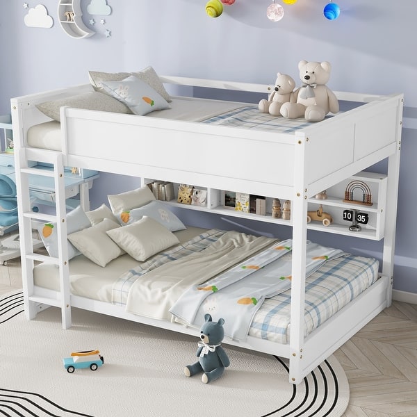 slide 2 of 40, Queen Over Queen Size with Underbed Storage Bookcase and Charging Station, Wood Bunk Bed Frame with Panel Guardrails and Ladder White - Queen