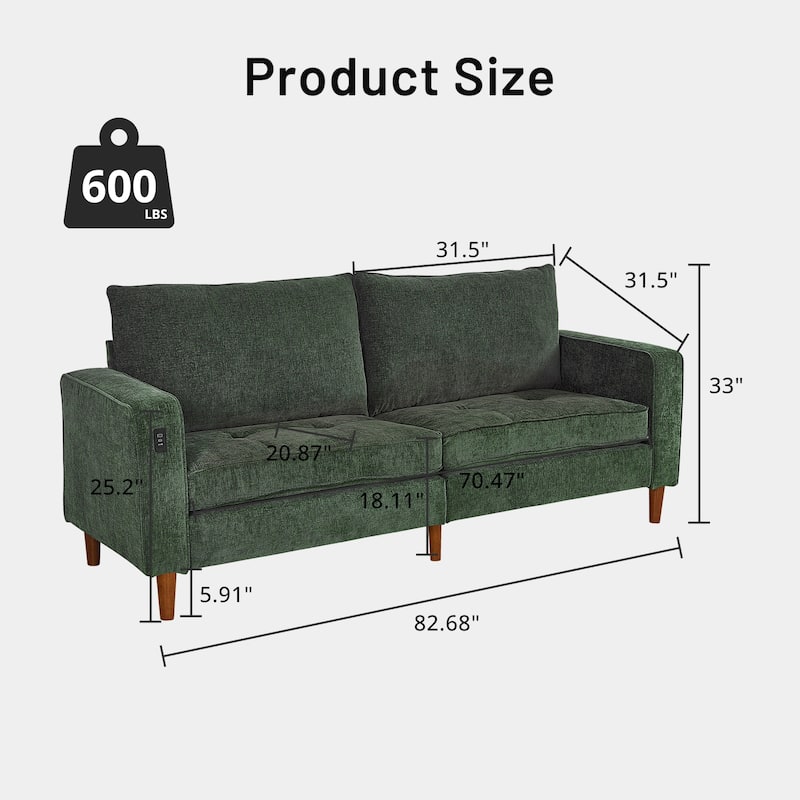 Modern 82 in. Square Arm Chenille Upholstered Rectangle Loveseat Sofa with USB Ports