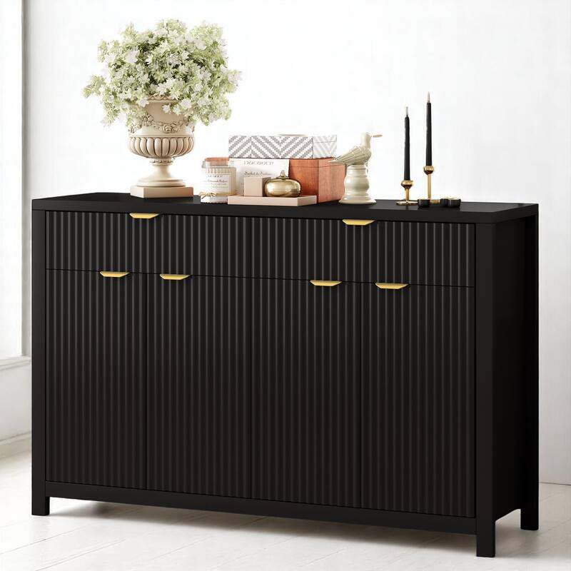 Wave-Grain Sideboard Buffet Cabinet with Drawers and Adjustable Shelves, 55in Console Table with Aluminum Handles