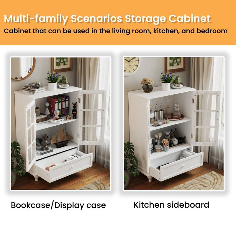 Accent Cabinet with Glass Doors and Drawers, Wooden Buffet and Sideboard Cupboard with Storage