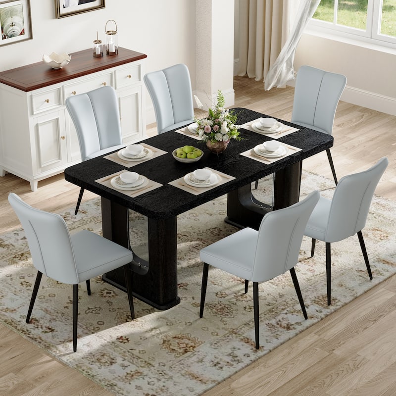 Dining Table Set for 6, Rectangular Dining Room Table Set for 6, Kitchen Table and 6 PU Chairs, 64" Wood Table Set with Textured