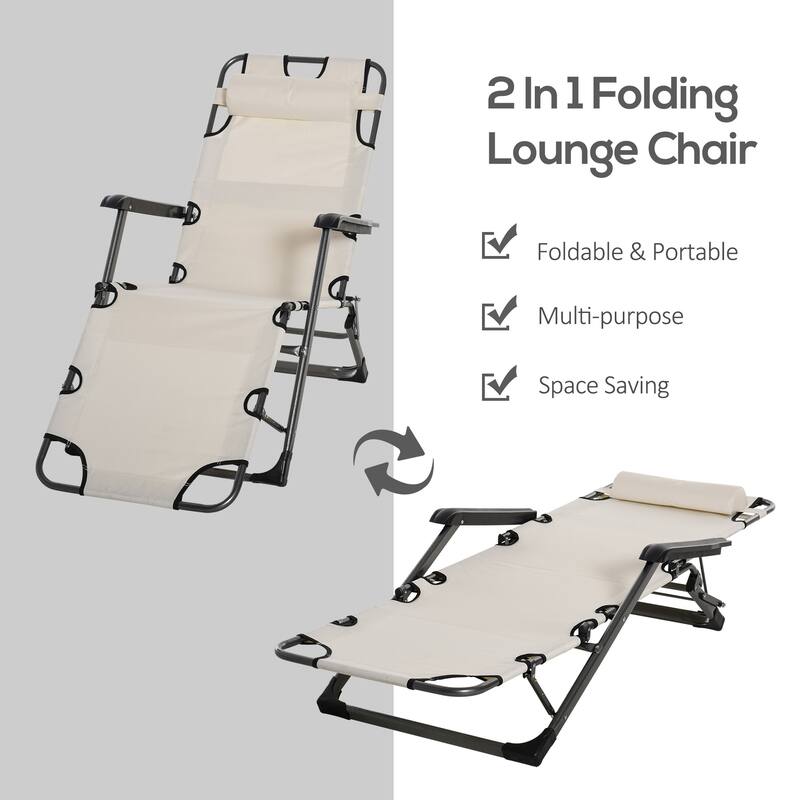 Outsunny 2-in-1 Patio Lounge Chair w/ Pillow, Outdoor Folding Sun Lounger Reclining to 120°/180°, Oxford Fabric
