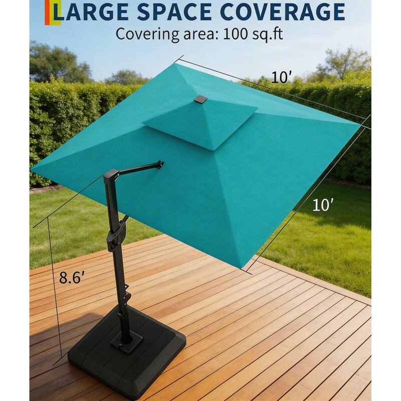 10x10Ft Square Solar LED Cantilever Umbrella , with Weighted Base