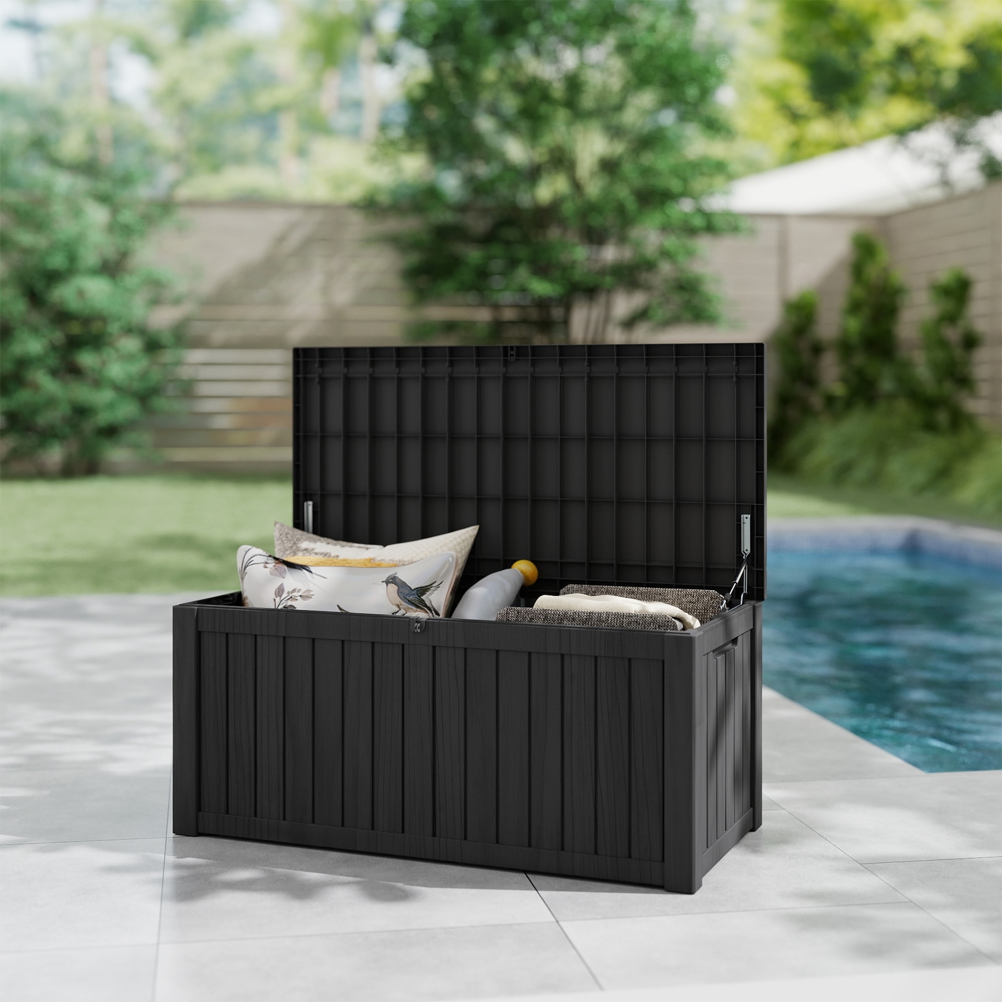 Deck Box Outdoor Storage, Waterproof Resin Patio Storage Box with Lockable Lid, Outdoor Cushion Storage for Patio Garden Pool