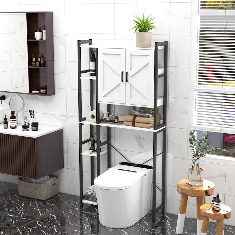 Over The Toilet Storage Cabinet Bathroom Organizer with Double Doors - White