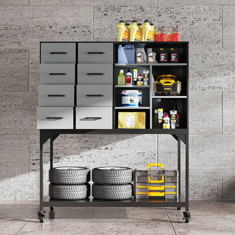 Industrial Metal Storage Cabinet with Pegboard, Adjustable Shelves and Wheels, Garage Tool Organizer with Soft-Close Doors