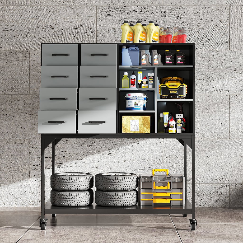 Industrial Metal Storage Cabinet with Pegboard, Adjustable Shelves and Wheels, Garage Tool Organizer with Soft-Close Doors