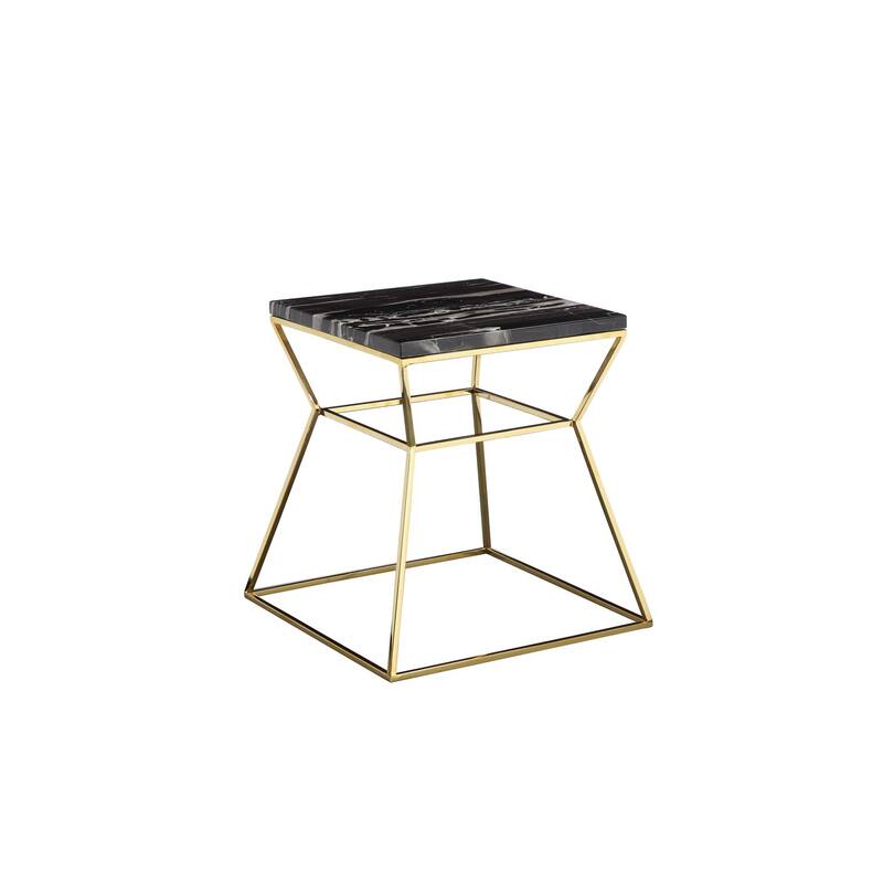 18 in. Black and Gold Rectangle Faux Marble End Table, Durable Hourglass Frame