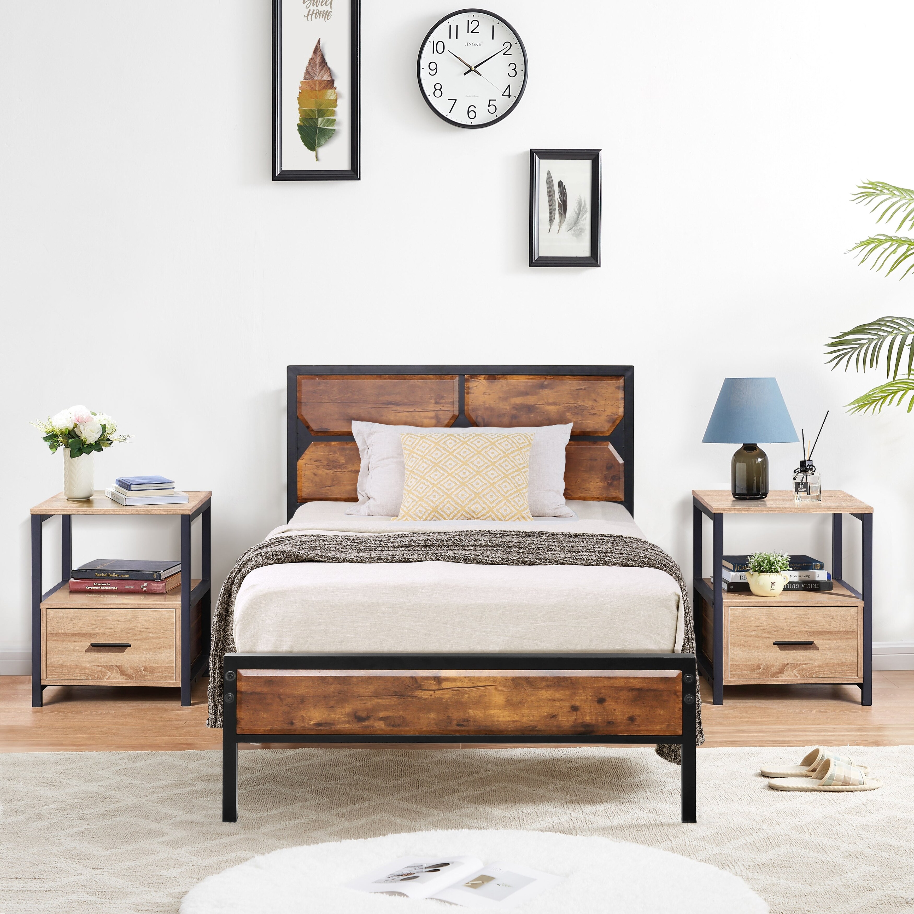 Taomika Industrial 3-pieces Bed with Wood Headboard and Square Nightstands  Set - Overstock - 35162736