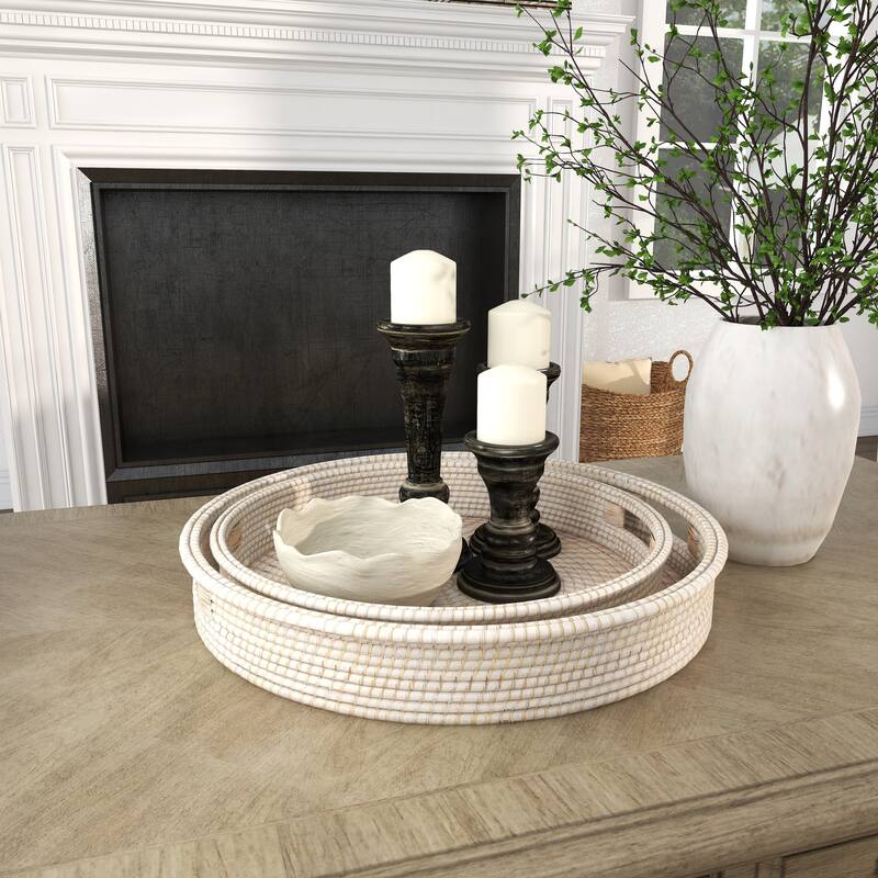 Cream Rattan Living Room Decor Tray with Slot Handles (Set of 2) - 20 x 20 x 3Round