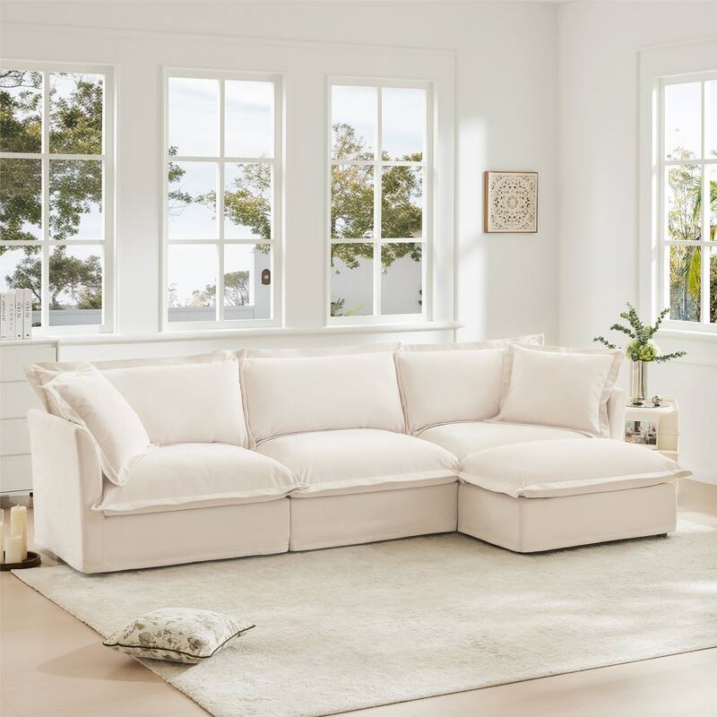 Modern 3 Seater Upholstered Sofa with 1 Ottoman and 2 Pillows