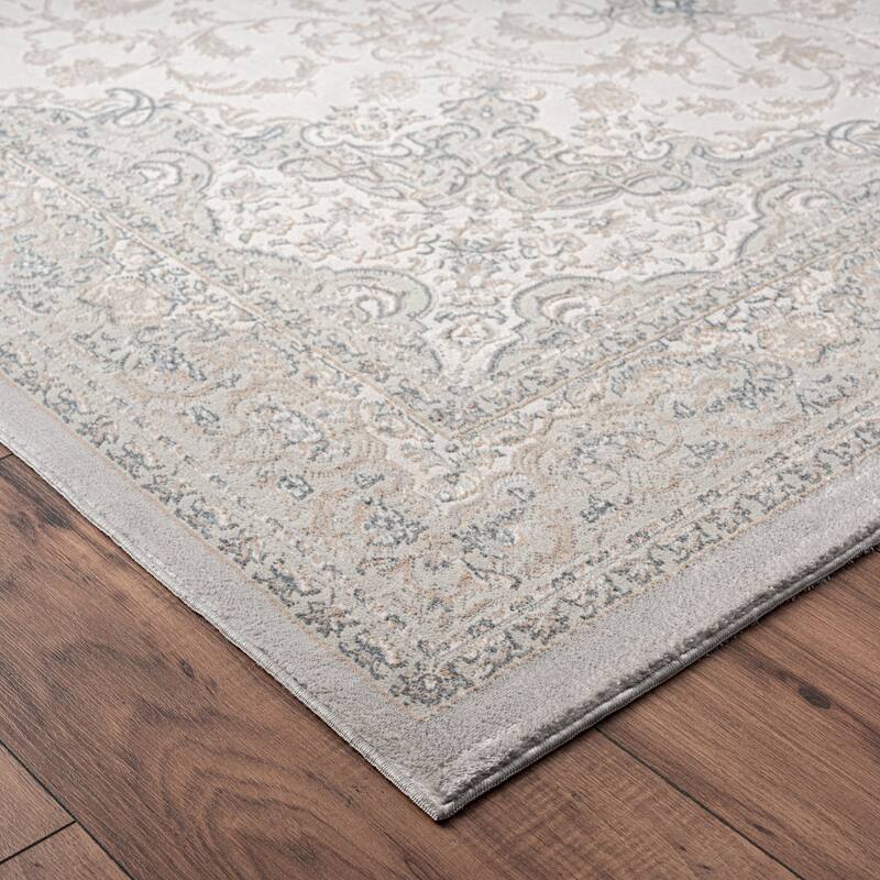 Sevita Gray and Cream Traditional Medallion Polyester Area Rug