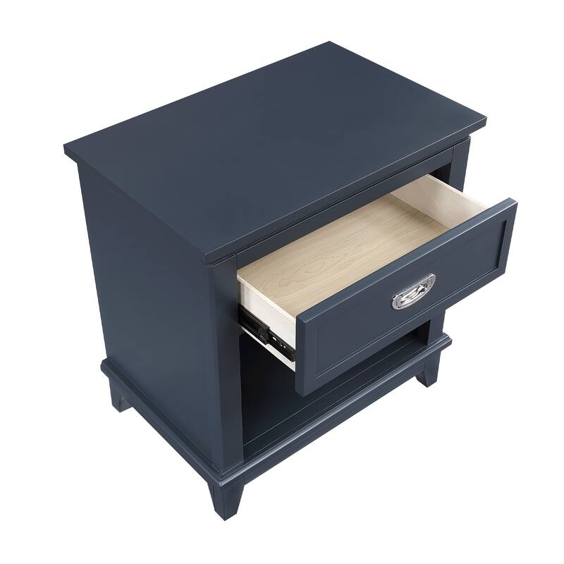 Sely Nightstand, 1 Drawer w Open Cubby, Navy Blue Wood, Ring Handle