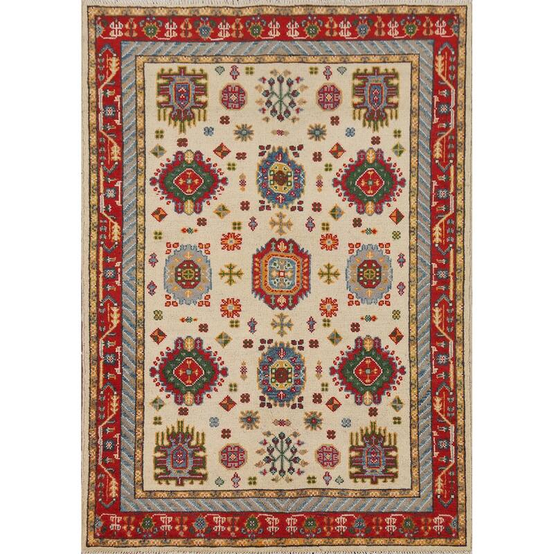 Traditional Kazak Foyer Rug Handmade Beige Geometric Wool Carpet - 3'4" x 4'11"