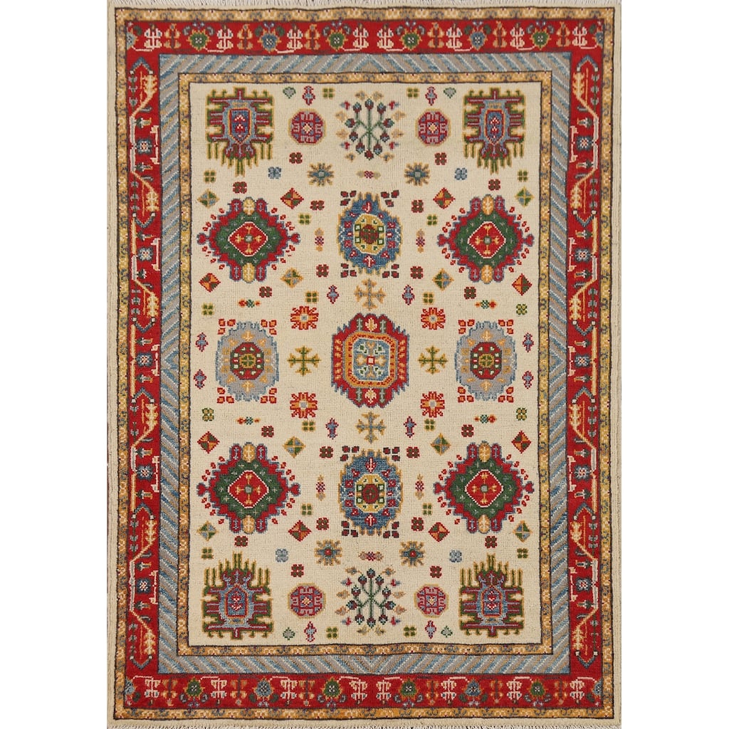 Traditional Kazak Foyer Rug Handmade Beige Geometric Wool Carpet - 3'4" x 4'11"