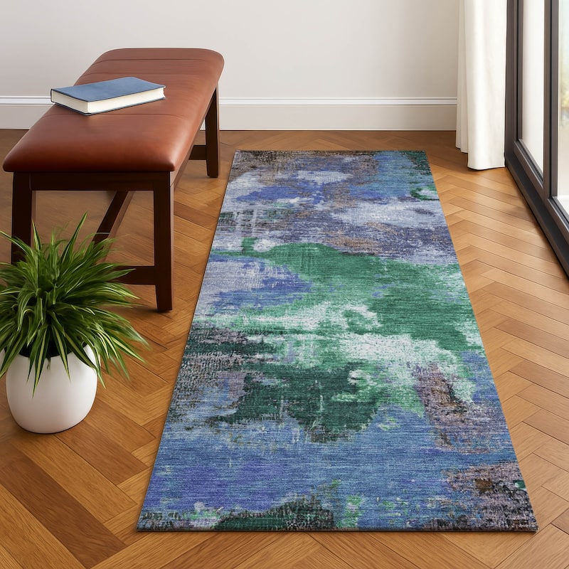 Premium Washable Super Soft Abstract Brushstrokes Mayfield Rug - Green - 2'3" x 7'6"
