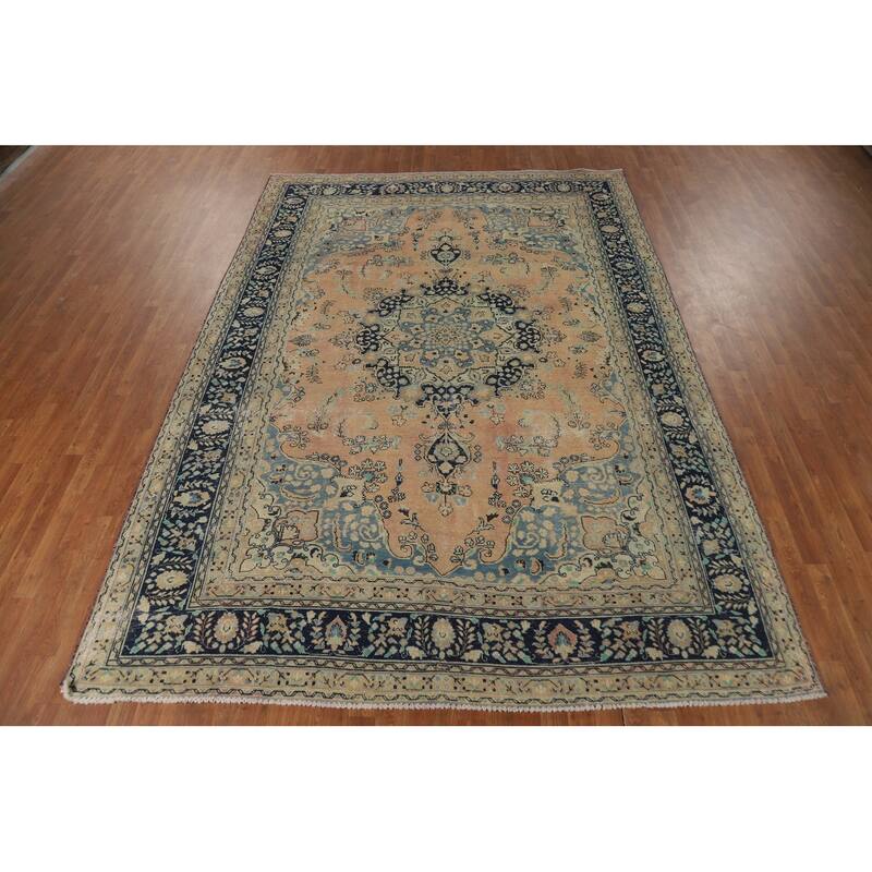 Medallion Mashad Persian Vintage Area Rug Handmade Wool Carpet - 7'11"x 11'1"