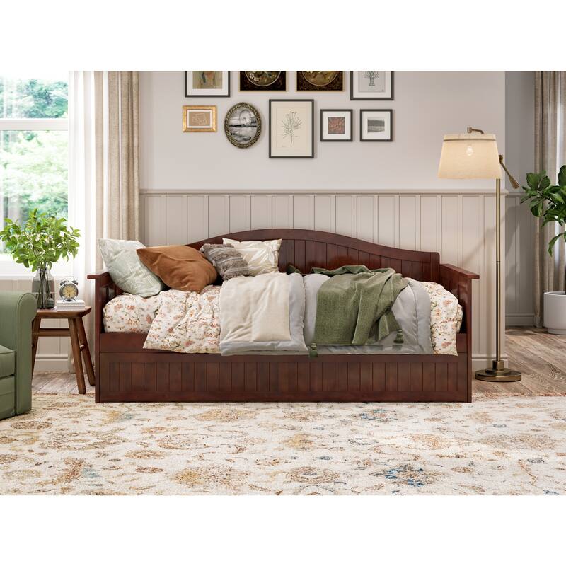 Twin Daybed with Trundle - Walnut Wood Frame & Beadboard Design - Space Saving Sleeper