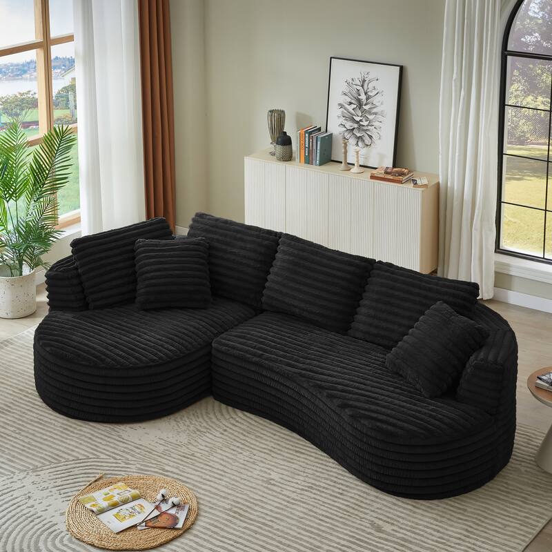 Compressible Corduroy Curved Sectional Sofa with Chaise and Pillows