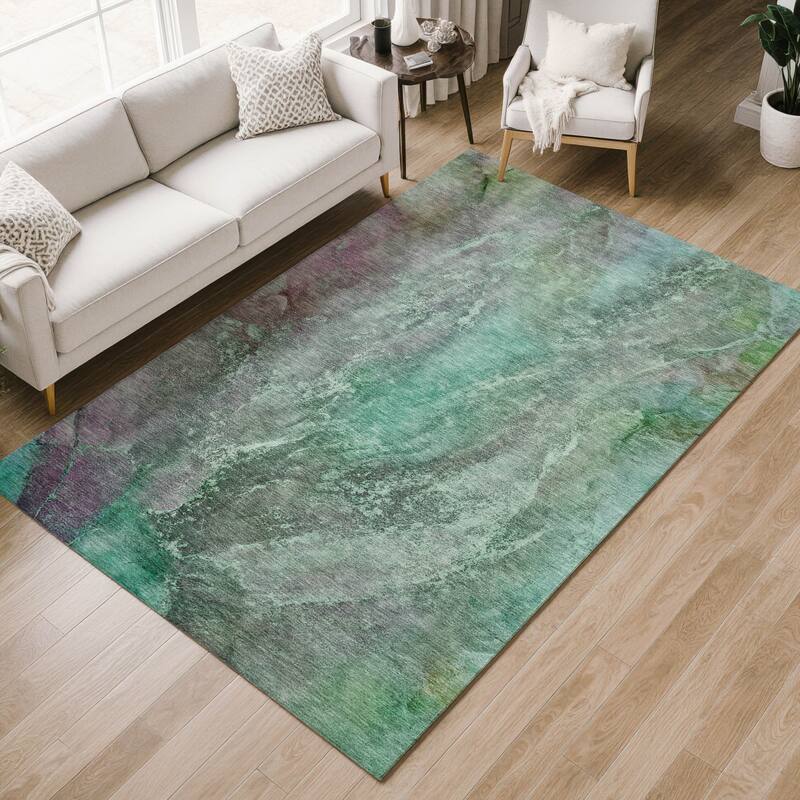 Machine Washable Indoor/ Outdoor Abstract Watercolor Chantille Rug