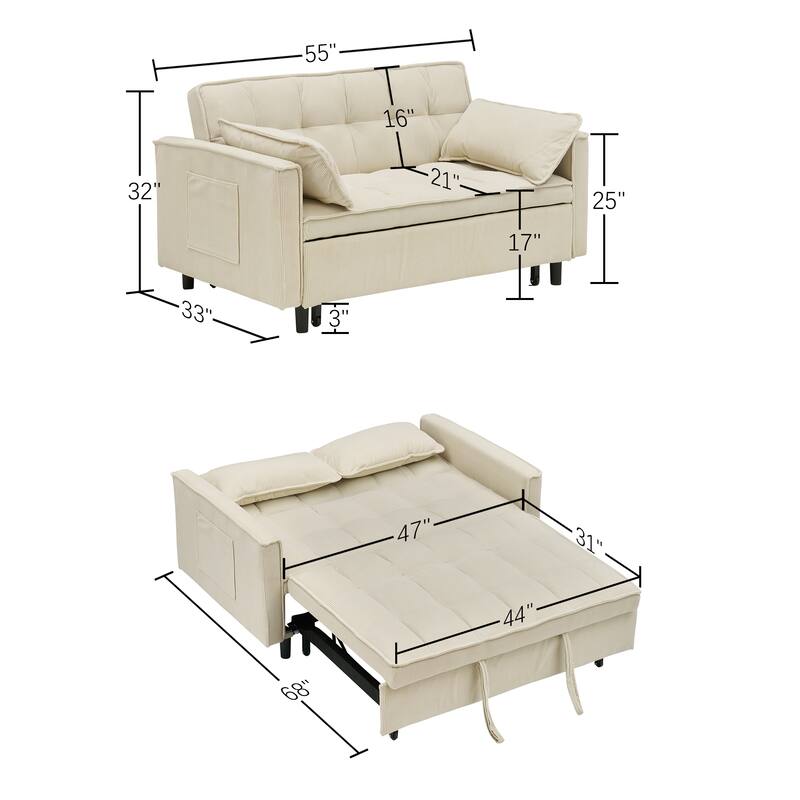 55" 3-in-1 Double Pull-Out Sofa Bed for Living Room