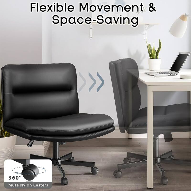 Bossin Criss Cross Chair with Wheels,PU Leather Armless Cross Legged Office chair, Adjustable Wide Seat Task Vanity Chair