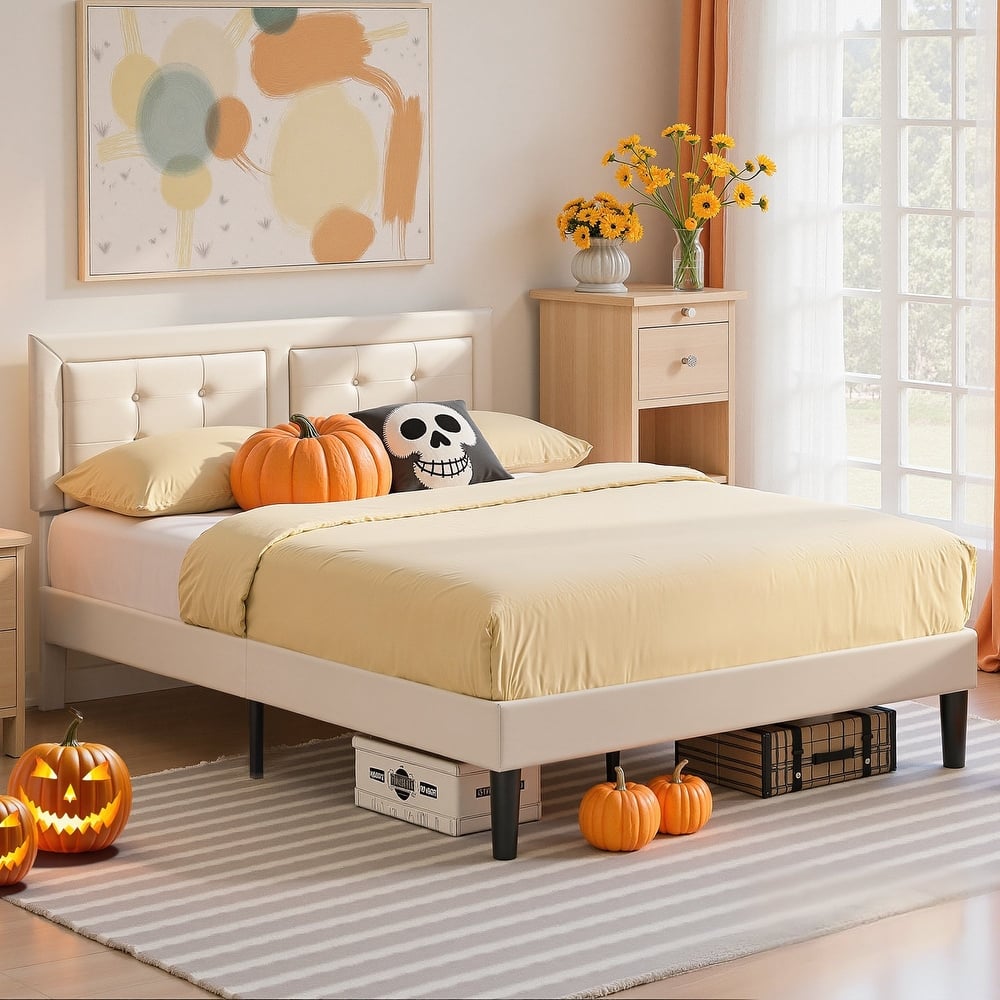 VECELO Bed Frame with Adjustable Headboard Upholstered Button Tufted Platform Bedframe with Wood Slats Support