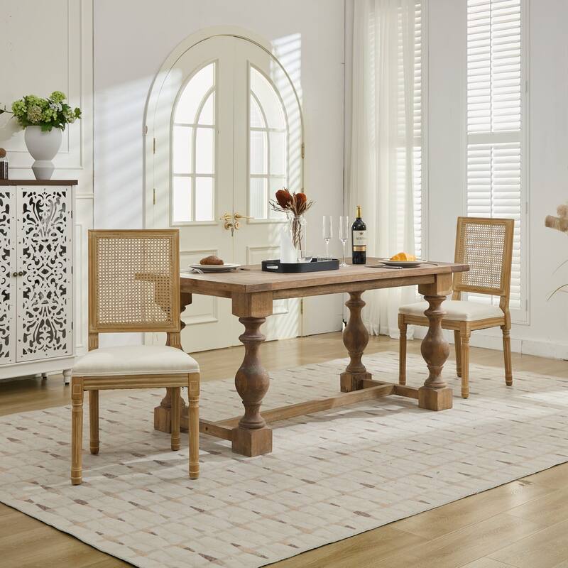 GDF Studio - French Modern Wood Dining Chairs with Rattan Backrest, Upholstered Seat, Set of 2 with Carved Frame