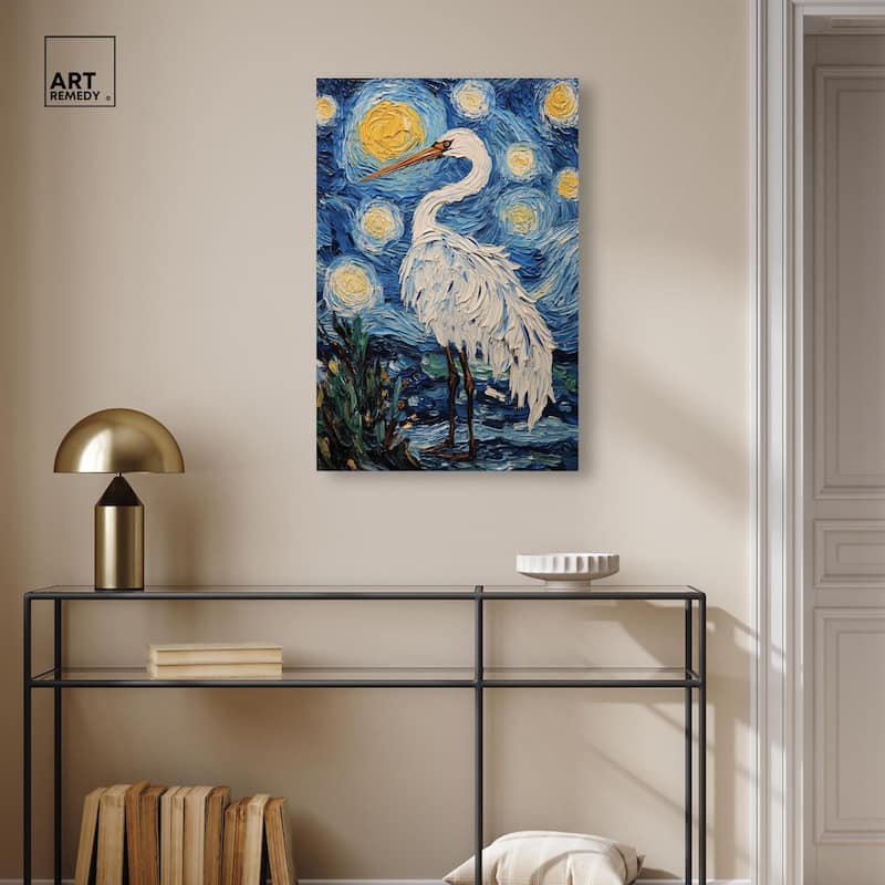 Crane in Starry Night Canvas by Art Remedy, Gallery Wrapped