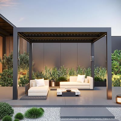 Louvered Pergola 10'x10' with USB Charging Port Deck, Adjustable Waterproof Roof & Integrated Drainage,Black
