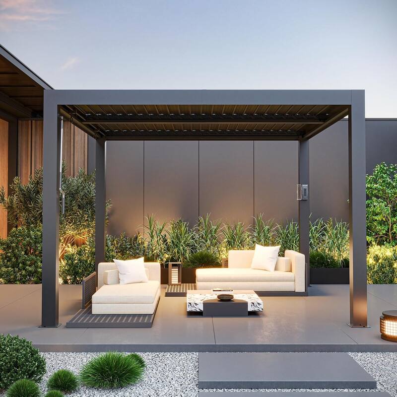 Modern Shade Louvered Pergola 10'x10' with USB Charging Port Deck, Adjustable Waterproof Roof & Integrated Drainage,Black