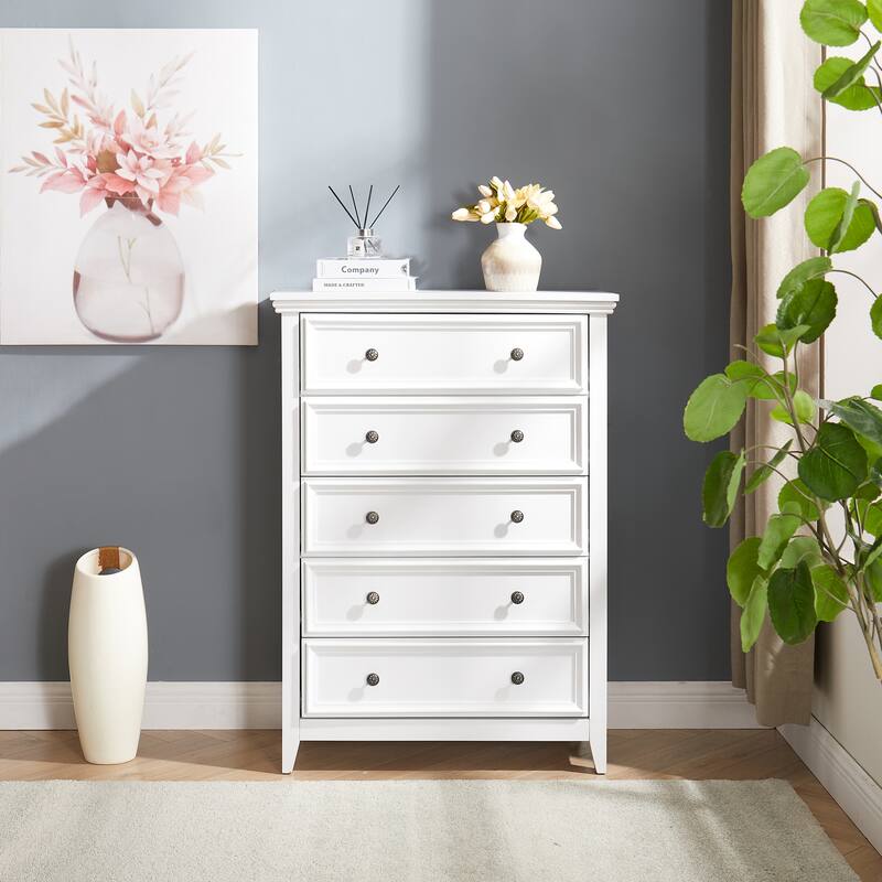 GDFStudio - Farmhouse Modern 5-Drawer Dresser Cabinet with Smooth Metal Slides and Stable Base - White