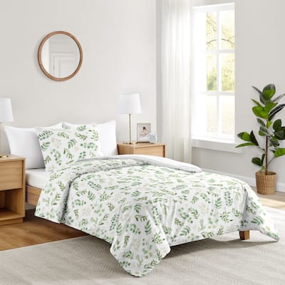 Floral Leaf Collection Girl 2-piece Twin-size Comforter Set - Green and White Boho Watercolor Botanical Woodland Tropical Garden