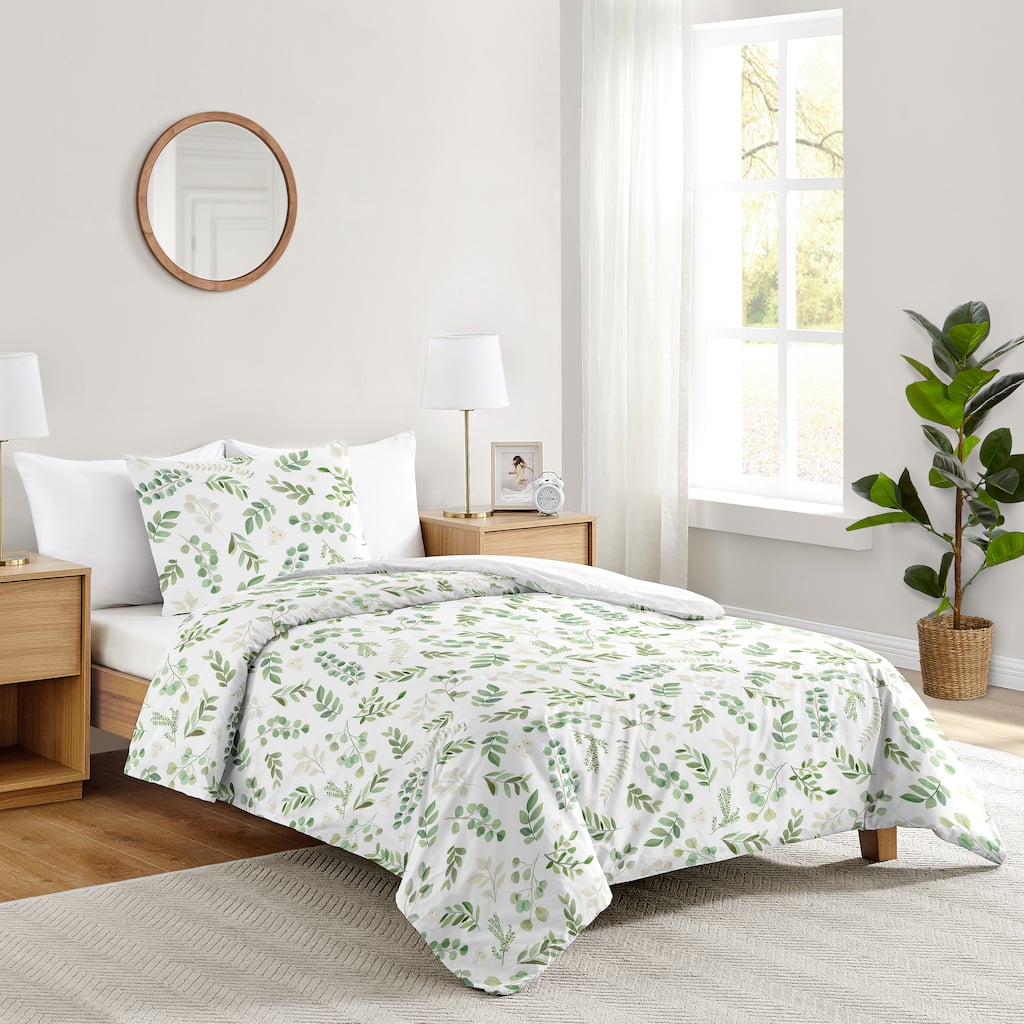 Floral Leaf Collection Girl 2-piece Twin-size Comforter Set - Green and White Boho Watercolor Botanical Woodland Tropical Garden