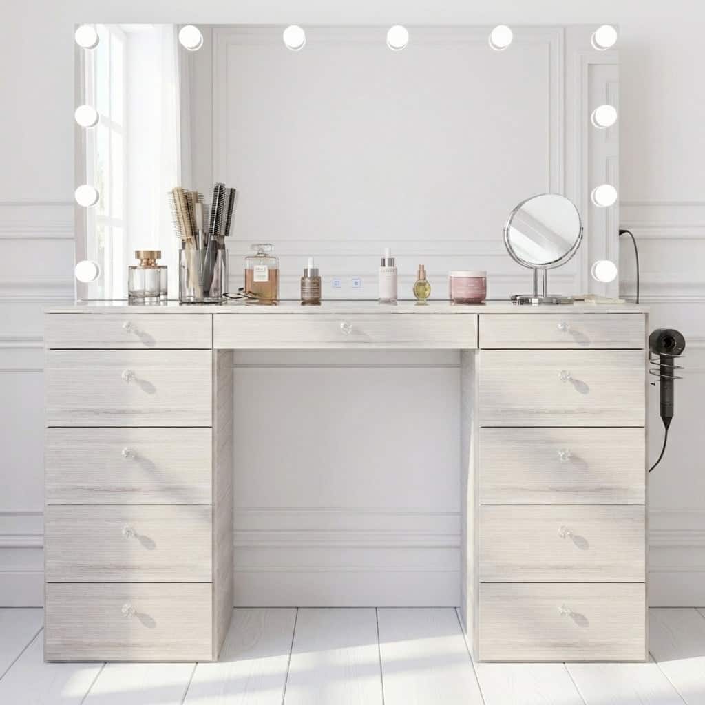 Makeup Vanity Desk, Glass Top, 12 LED Lights BT Speakers & 11 Drawers