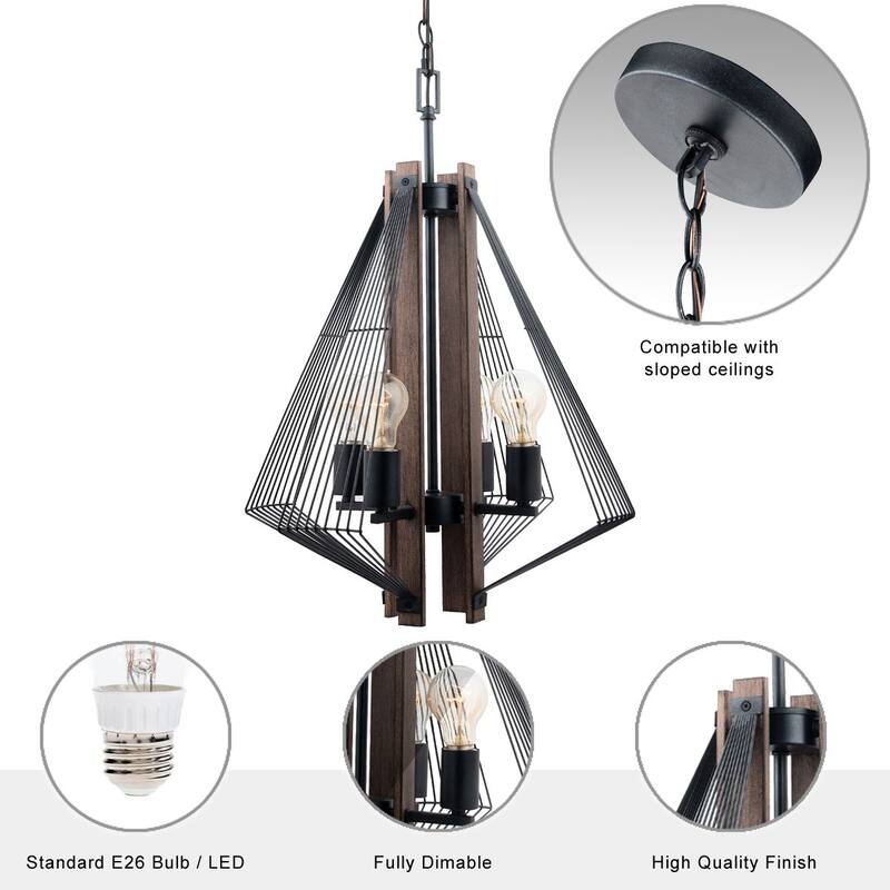 Brio Lighting Zenith Black & Wood Modern 4 Light Pendant Light