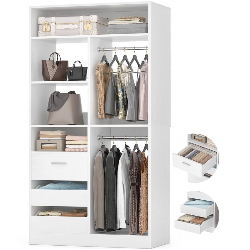 36" Freestanding Closet System With 3 Drawers and 2 Hanging Rods,Multi-Purpose Wardrobe Closet Rack