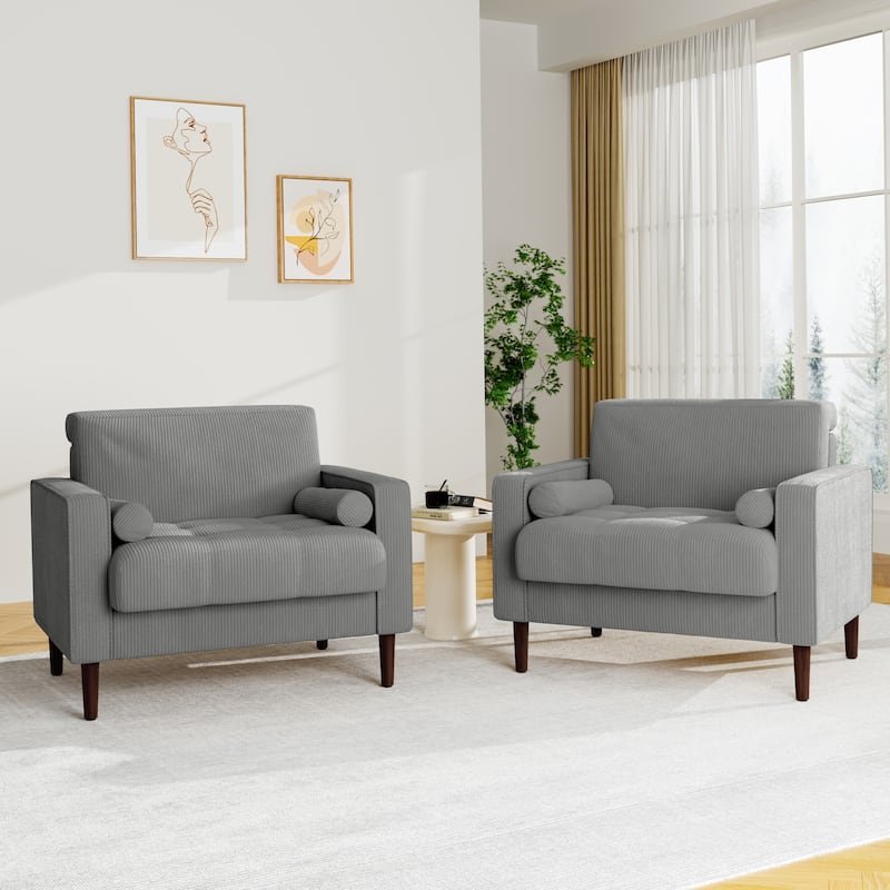 2 Set Upholstered Wide Comfy Accent Club Chair with Wood Leg - 34.6" W x 30.6" D x 28.7" H - Light Grey